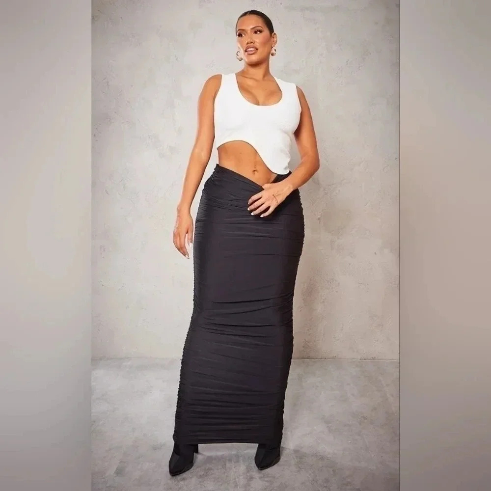 Moving Sale! 💘 PLT Shape Black Slinky Ruched Maxi Bodycon Skirt - Picture 1 of 8